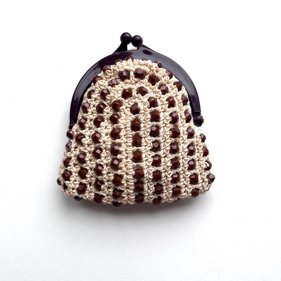 Vintage Beaded Crochet Coin Change Purse Kiss Lock Pouch - Picture 1 of 6